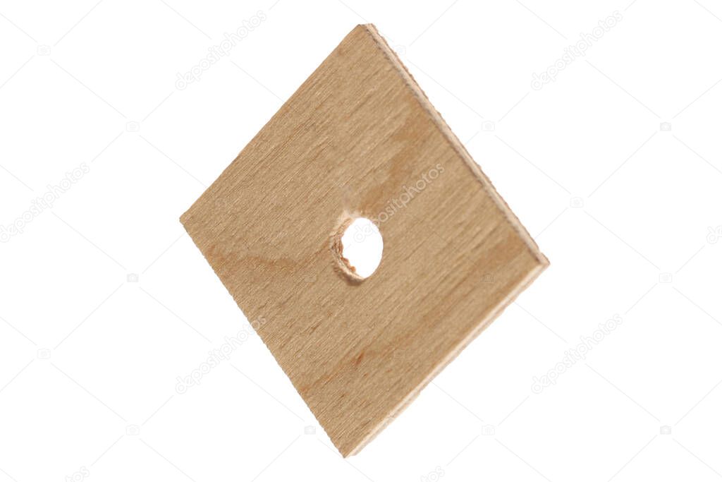 Plywood square with a hole in 3D orientation. Wooden washer gasket DIY decor