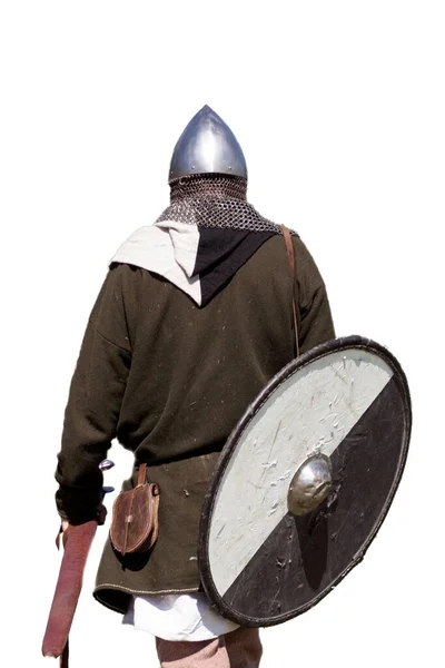 Μεσαιωνικός Πολεμιστής Μυτερή Αλυσίδα Κράνους Mail Στρογγυλή Ασπίδα Ασπρόμαυρο Χρώμα Φωτογραφία Αρχείου