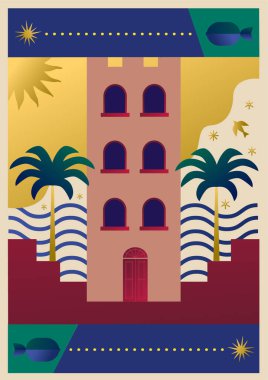 Selamlama ve davetiyeler için modaya uygun A5 biçiminde kartpostal. A5 yaratıcı posterindeki düz stil dekoratif nesneler ve elementler