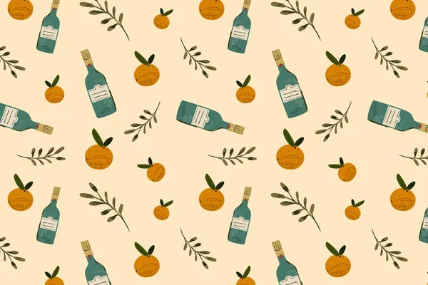 Бесшовный Узор Бутылками Шампанского Апельсинами — стоковое фото