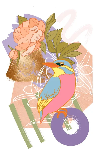 Illustration Moderne Oiseau Avec Fleur Sur Fond — Photo