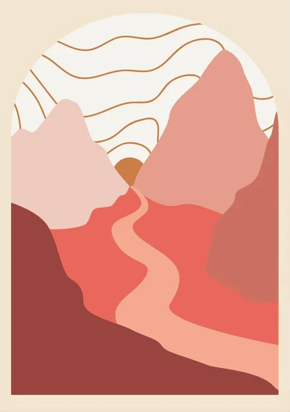 Ilustración Moderna Montañas Abstractas Con Cielo Río —  Fotos de Stock