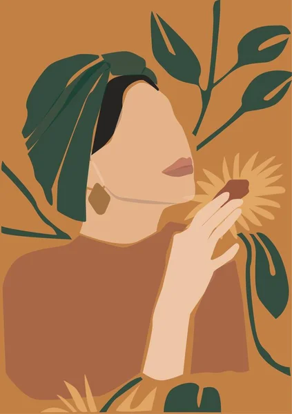 Illustration Moderne Femme Posant Avec Des Fleurs — Photo