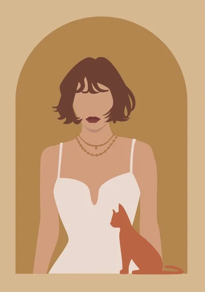 赤い口紅と猫の女性の現代的なイラスト — ストック写真