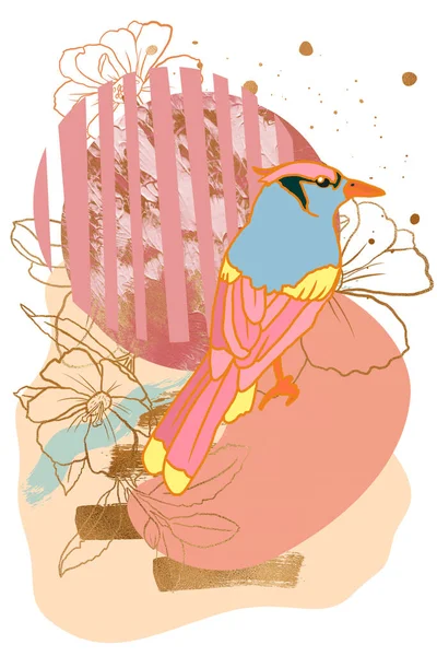 Illustration Moderne Oiseau Avec Des Fleurs Sur Fond — Photo