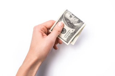 Beyaz arka planda izole kadın el Dolar.