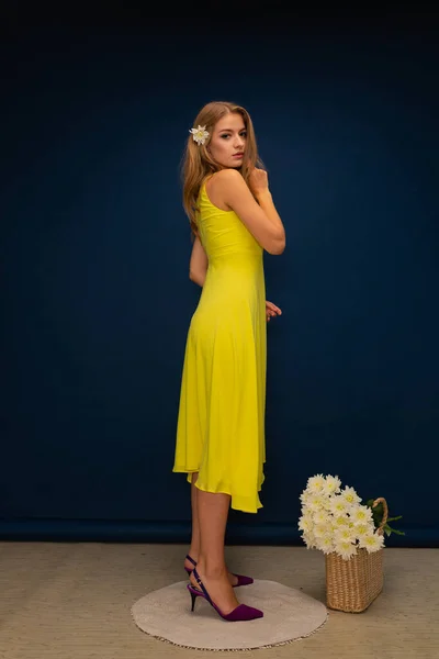 Νεαρή Όμορφη Ξανθιά Κοπέλα Κίτρινο Καλοκαιρινό Φόρεμα Και Κίτρινα Παπούτσια — Φωτογραφία Αρχείου