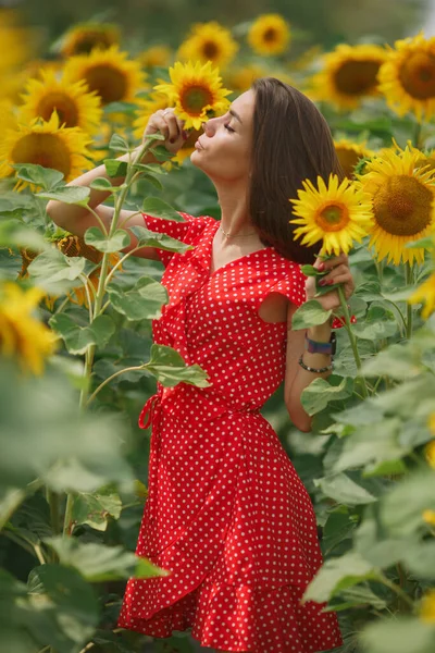 Joven Hermosa Chica Caucásica Vestido Rojo Puntos Blancos Estancia Campo —  Fotos de Stock