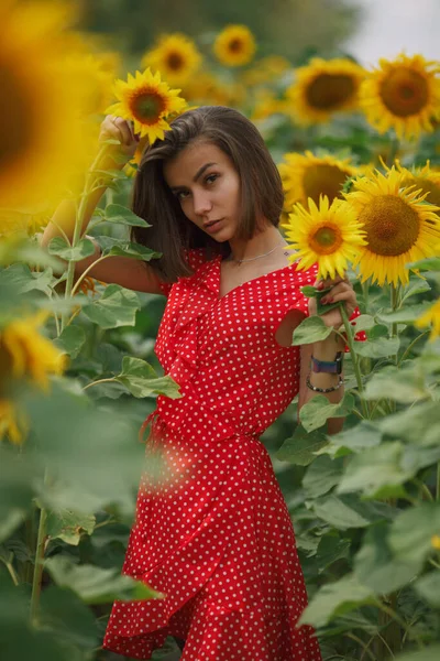 Jovem Bela Menina Caucasiana Vestido Vermelho Pontos Brancos Ficar Campo — Fotografia de Stock