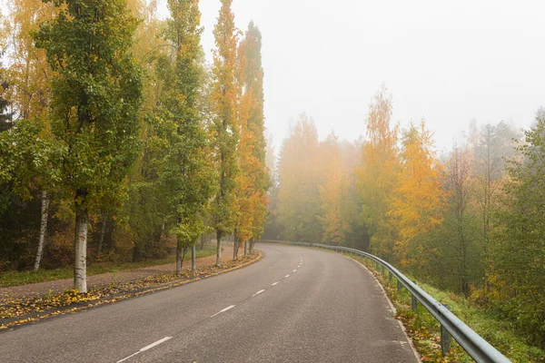 Empty asphalt road and trees in autumn colors