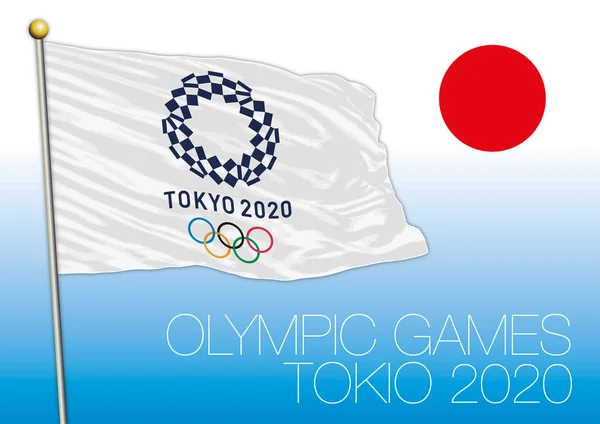 ТОКИО, Япония - АВГУСТА 2020, подготовка к Олимпиаде 2020, логотип, флаг и символ — стоковый вектор