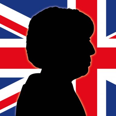 Londra, İngiltere, Haziran 2017 - seçimleri, Theresa siluet ve öğe, dikey, Amerika Birleşik Devletleri bayrak