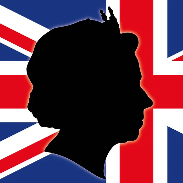 Queeen Elizabeth The Second silhouette with UK flag — Stock Vector