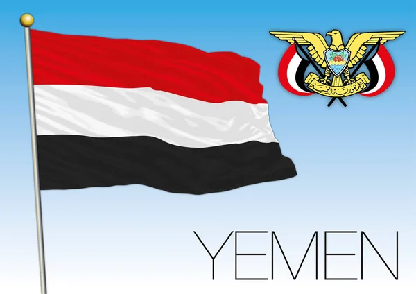 Jemenská vlajka a erb, asijská země, vektorová ilustrace — Stockový vektor