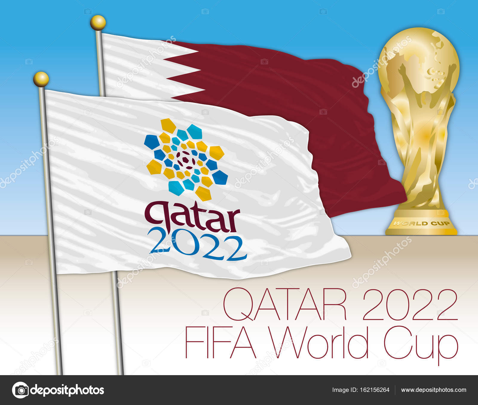 Logo de la Copa del Mundial de Qatar 2022 en la bandera y la bandera de Qatar con la Copa del mundo â Vector de stock