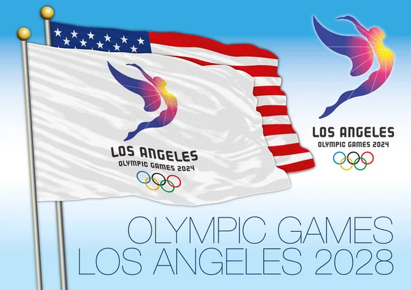 Jogos Olímpicos de Verão de Los Angeles 2028 bandeira e logotipo com bandeira dos EUA — Vetor de Stock