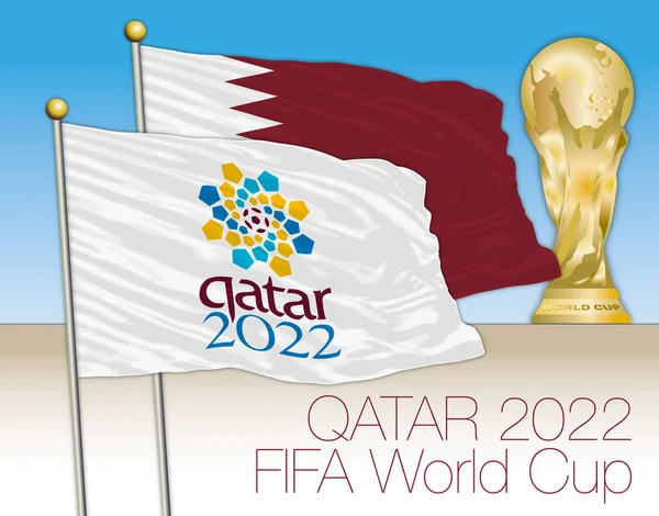 Qatar 2022 logotipo da Copa do Mundo na bandeira e bandeira do Qatar com Copa do Mundo — Vetor de Stock