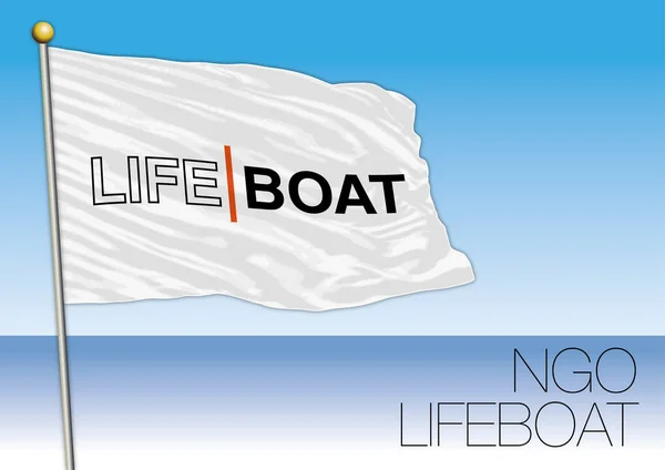 MEDITERRANEAN SEA, EUROPA, ANO 2017 - Bandeira do LIFE BOAT, Organização não governamental internacional envolvida no resgate de imigrantes —  Vetores de Stock