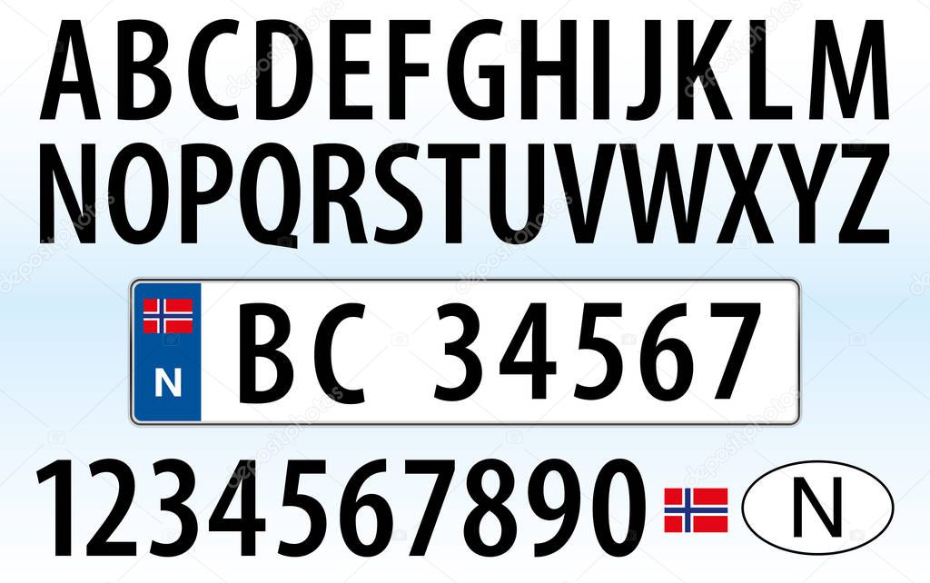 Norway car plate, letters, numbers and symbols