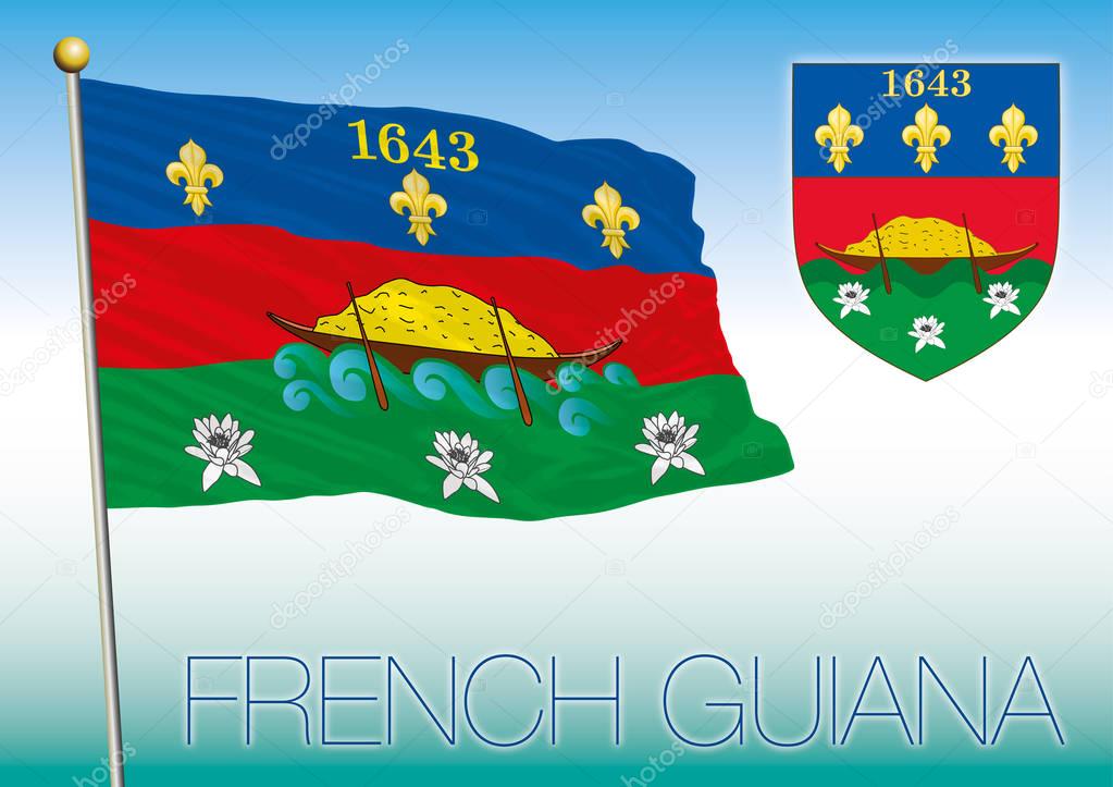 French Guiana flag and coat or arms, France