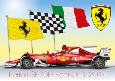 Ferrari Formula 1 SF70H with flags, vector file, illustration clipart