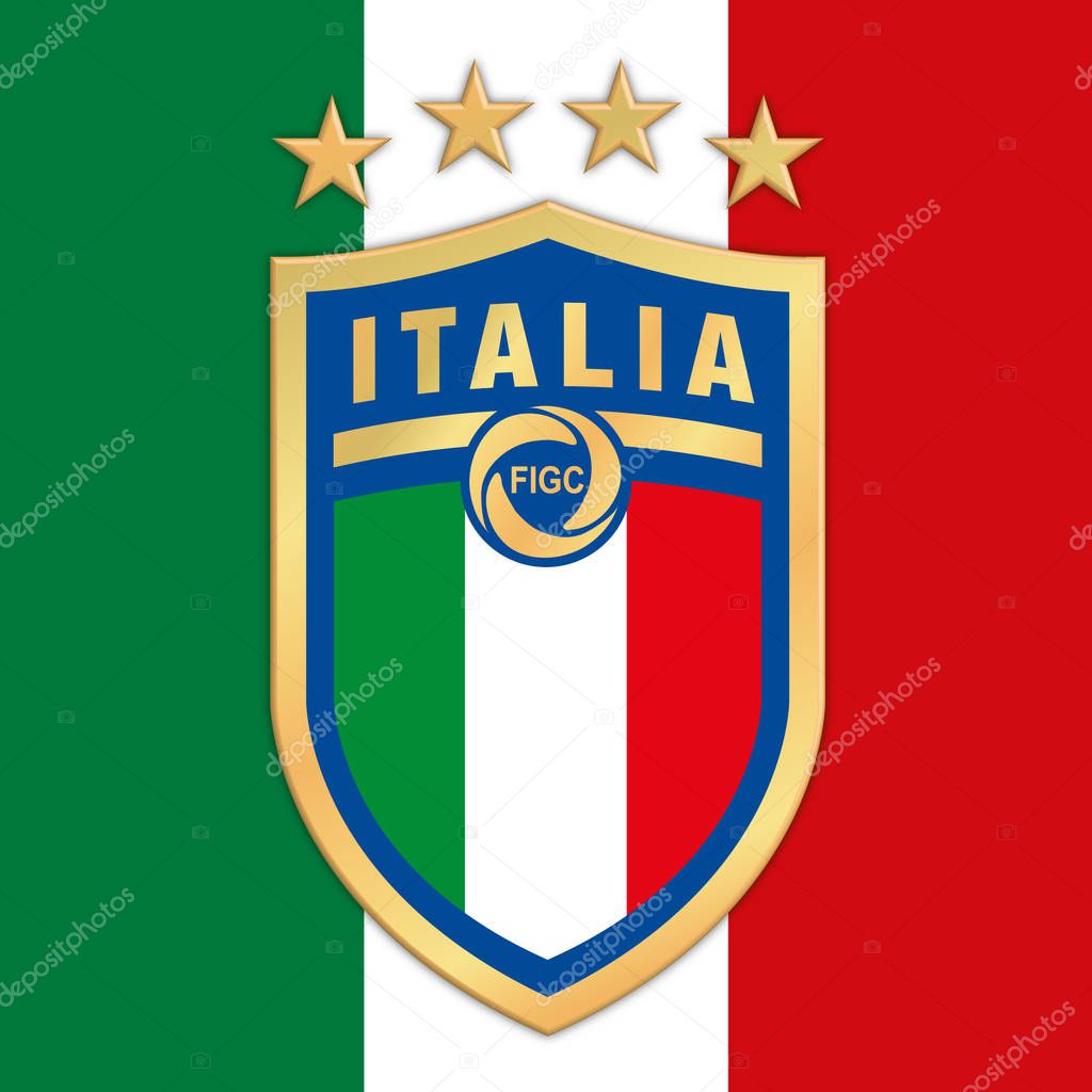 ROME, ITALY, YEAR 2017 - New logo Italian Football Federation FIGC on italian flag
