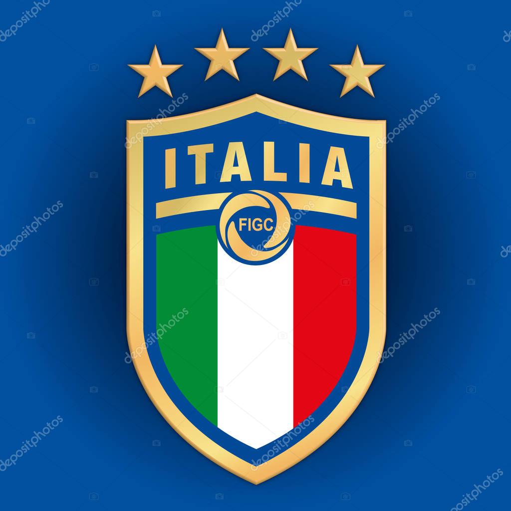 ROME, ITALY, YEAR 2017 - New logo Italian Football Federation FIGC on blue background