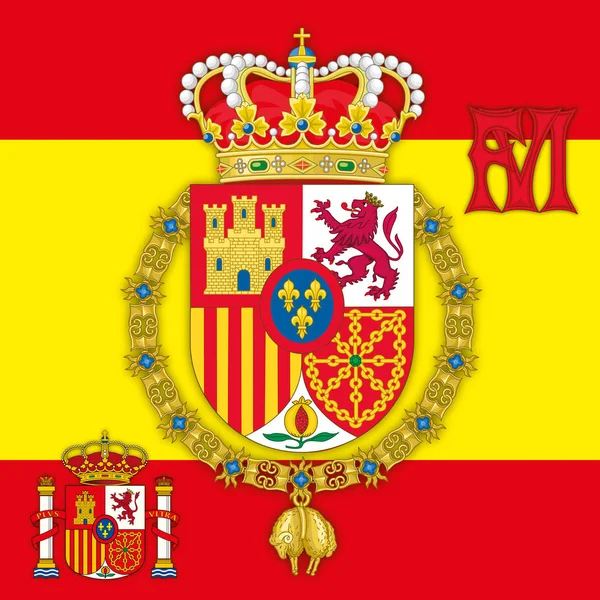 España, Escudo de armas del Rey de España Felipe IV con bandera y monograma — Vector de stock