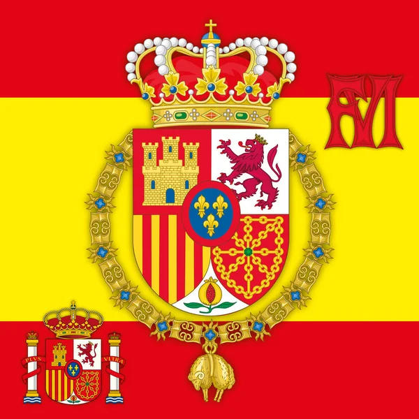 Spanje, wapen van de koning van Spanje, Felipe Iv met vlag & monogram — Stockvector