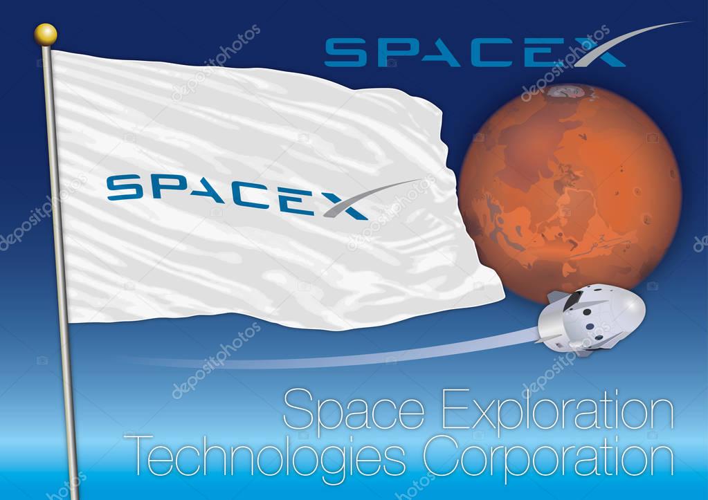 HAWTHORNE, CALIFORNIA, UNITED STATES, YEAR 2017 - Flag and illustrations of the Space Exploration Technologies Corporation, SpaceX, Mars exploration research