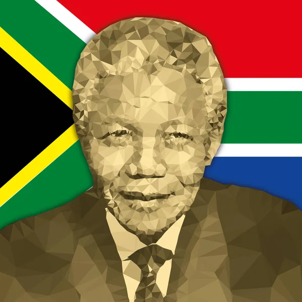 Nelson Mandela portrait in polygonal style and south african flag — Stock Vector