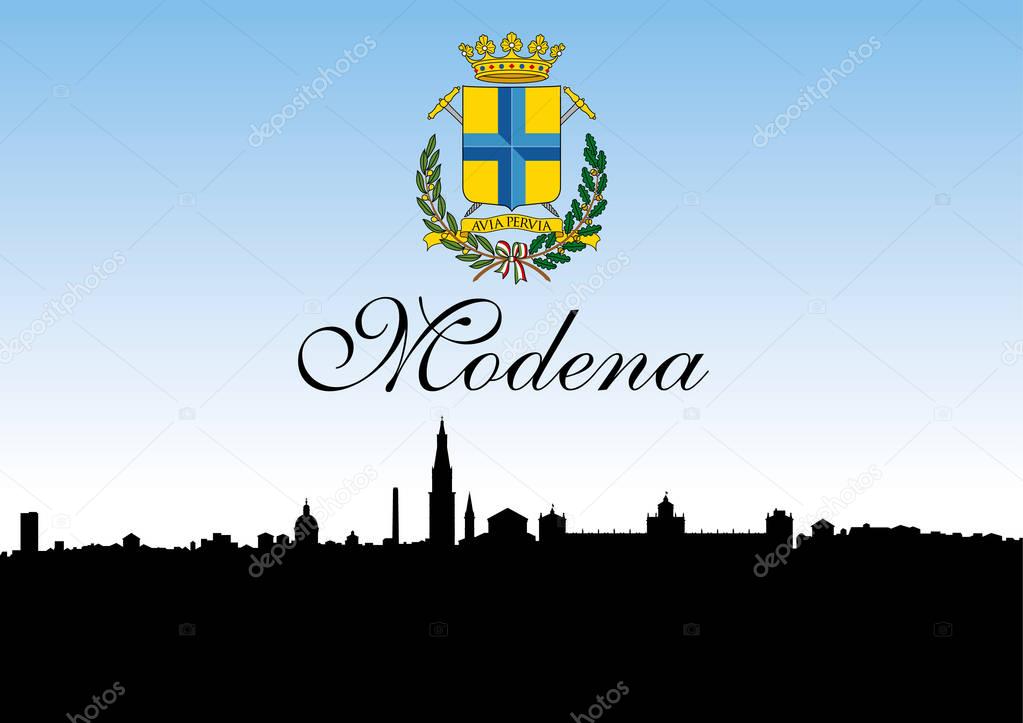 Modena city, Italy, skyline silhouette and coat of arms, vector illustration