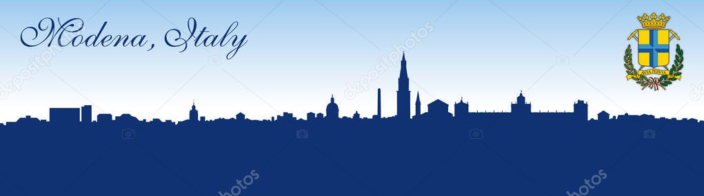 Modena city, Italy, skyline silhouette and coat of arms, vector illustration