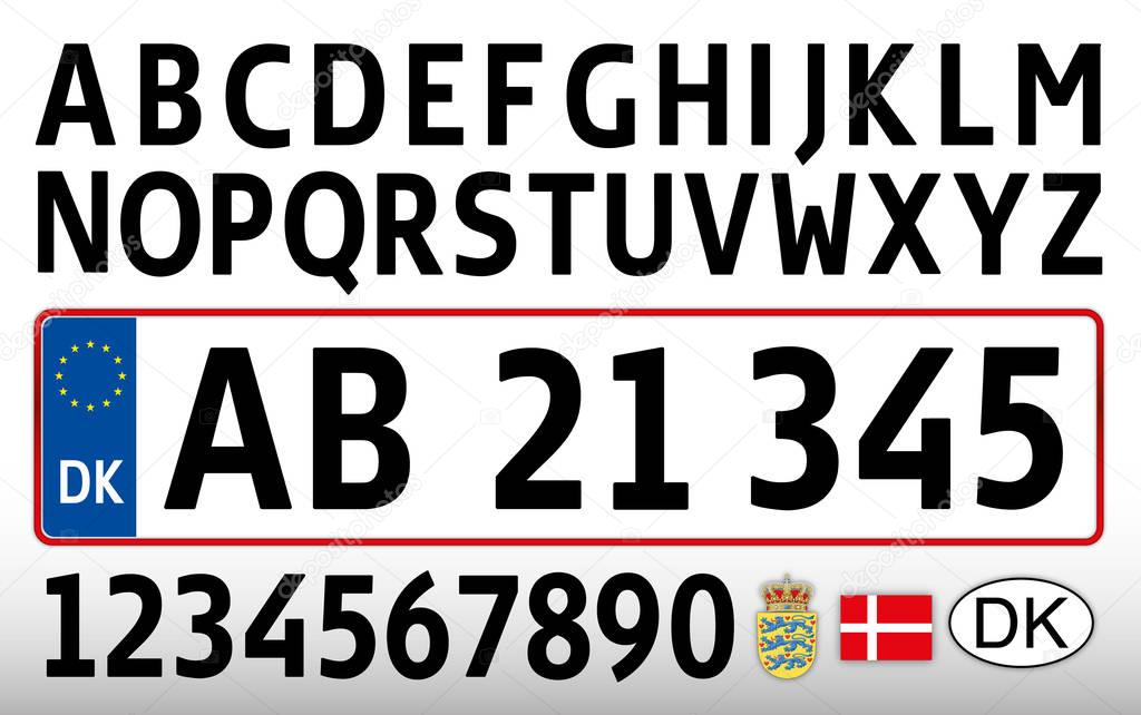 Denmark car plate, letters, numbers and symbols