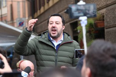 MODENA - ITALY, FEBRUARY 20, 2018: Matteo Salvini, public politic conference Lega Nord clipart