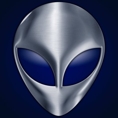 Uzaylı sembolü, mavi arka planda metalik yüzey, grafik ayrıntı