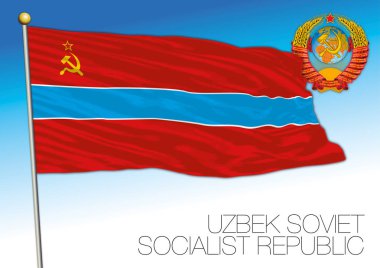 Özbek tarihi bayrağı ile Sovyetler Birliği arması, vektör illüstrasyonu, Özbekistan