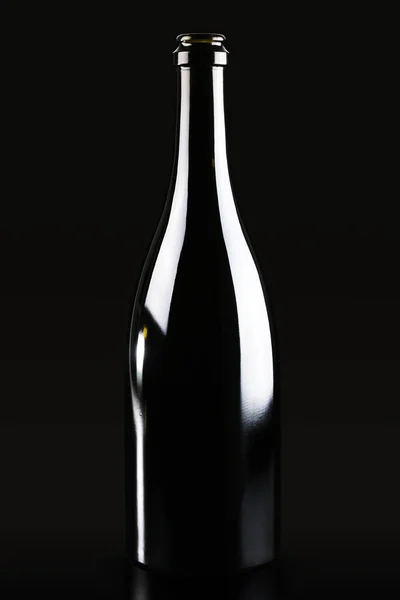 Black Glass Bottle Champagne Wine Isolated Black Background — Stock Photo, Image