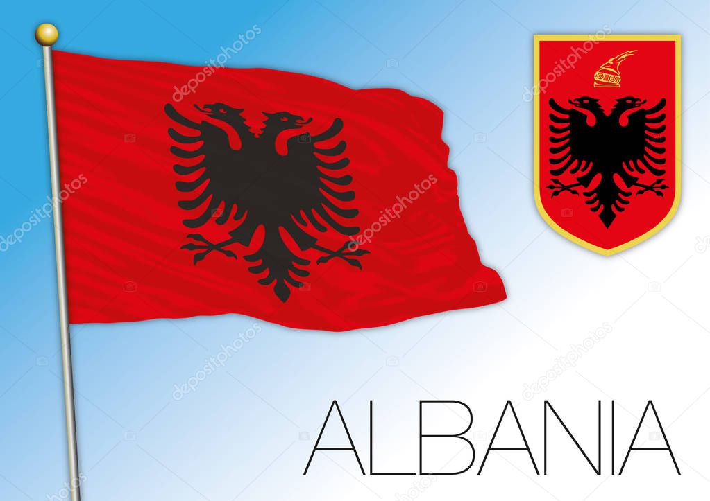 Albania official flag and coat of arms, vector illustration