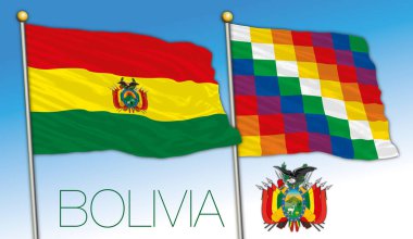 Bolivya ve Wiphala resmi bayrakları armalı, vektör illüstrasyonlu, Güney Amerika