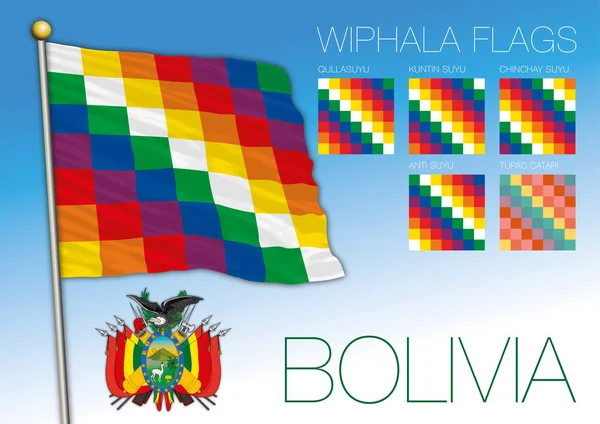 Flagi Oficjalne Wiphala Herb Boliwii Boliwia Ilustracja Wektora — Wektor stockowy