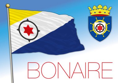 Bonaire island official flag and coat of arms, caribbean country, vector illustration clipart