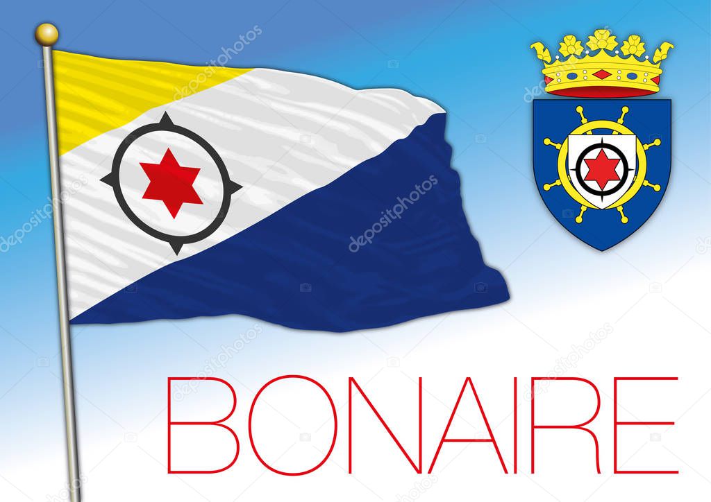Bonaire island official flag and coat of arms, caribbean country, vector illustration
