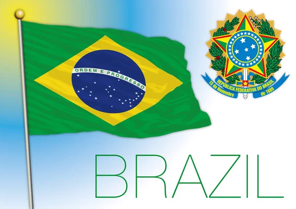 Brasile Bandiera Nazionale Ufficiale Con Stemma Sud America Illustrazione Vettoriale — Vettoriale Stock