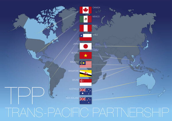 Карта соглашения о Транс-Тихоокеанском партнерстве с национальными флагами, TPPA, векторная иллюстрация

