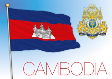 Kamboçya resmi ulusal bayrağı, armalı, güneydoğu Asya ülkesi, vektör illüstrasyon