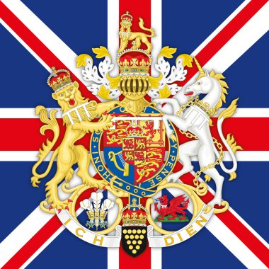United Kingdom, year 2020, Charles prince of wales official coat of arms with british flag, editorial, vector illustration, editorial