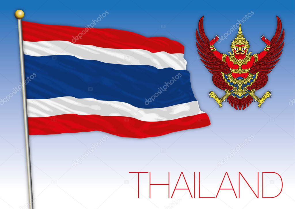 Thailand official national flag and coat of arms, asiatic country, vector illustration