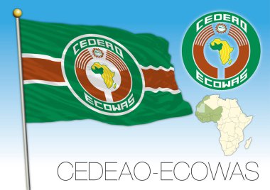 Batı Afrika Ülkeleri Ekonomik Topluluğu, Ecowas bayrağı, silah ve harita örtüsü, vektör illüstrasyonu