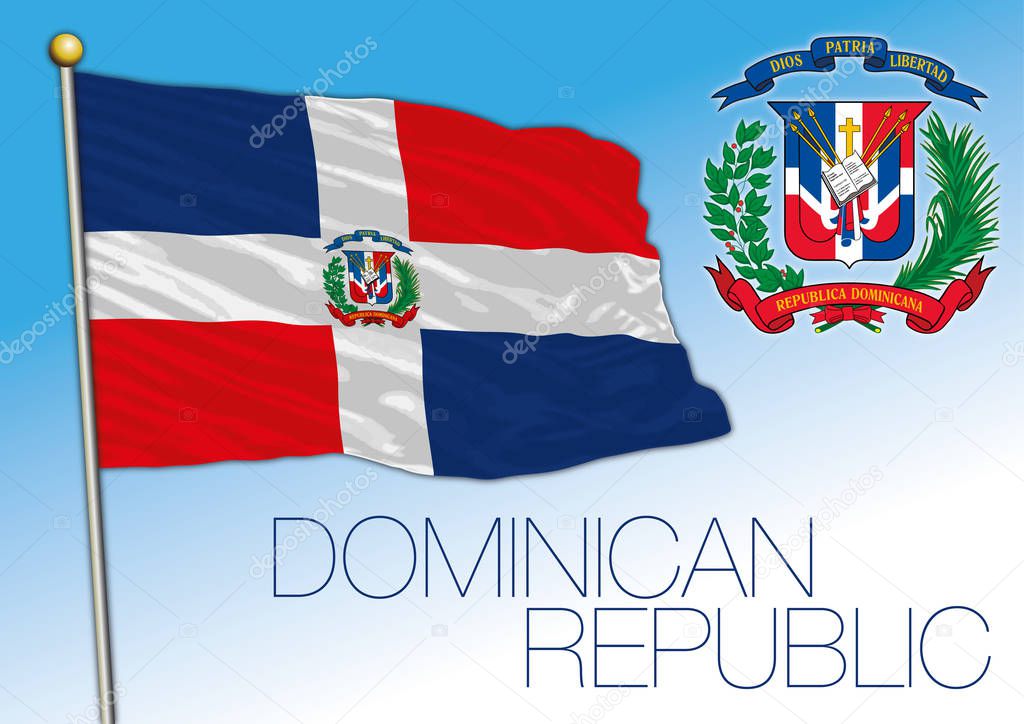 Dominican Republic official national flag and coat of arms, central america, vector illustration